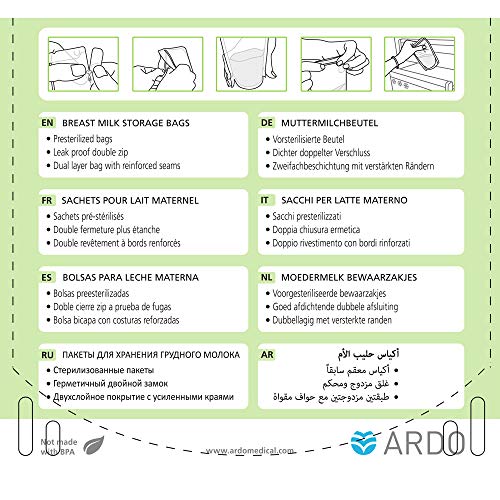 Ardo Easy Store-50 sacos de armazenamento de leite materno extra-forte para geladeira e freezer, com escala fácil de ler,