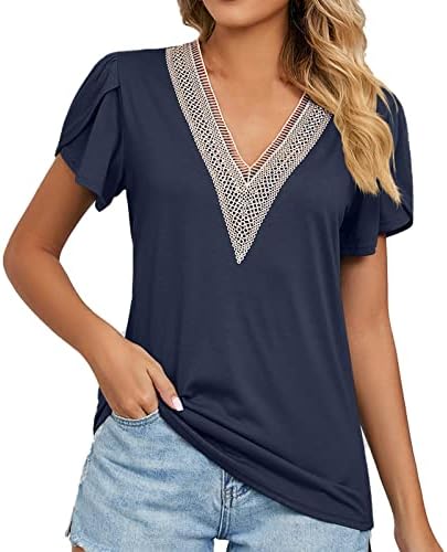 Top de manga curta para mulheres rendas vneck