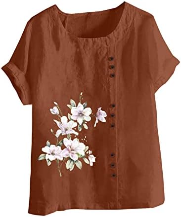 Camisa da blusa para mulheres de manga curta de linho de algodão Crewneck botão para baixo no lounge gráfico floral plus size camiseta pa
