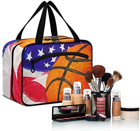 Basquete dos EUA Bandeira Bolsa de higiene pessoal para mulheres Organizador de bolsa de maquiagem de viagem com gancho de