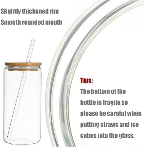 Gulflin bebendo copos com tampas de bambu e canudos de vidro 6pcs Conjunto de vidro de 16 onças de vidro, copos de café