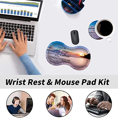 Resto de pulso de mouse e montanha-russa fofa com espuma de memória ergonômica, bloco de borracha sem deslizamento Pad Pad Pad Pad para computador, laptop, praia citando verso da Bíblia Filipenses 4-13