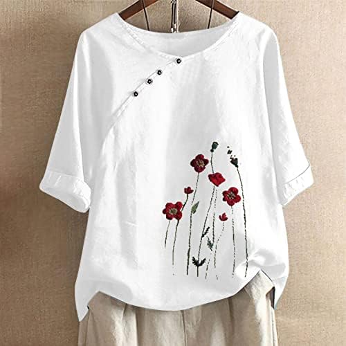 Camisetas de verão feminino meio manga V de pescoço botão de lateral floral ajuste as camisetas de camisetas casuais, algodão