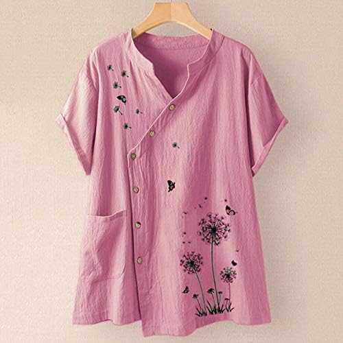 Verão feminino de linho de algodão tops com estampa floral de manga curta Button Button Down Tee camise