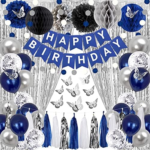Decorações de aniversário para homens, decorações de festas de aniversário azuis para meninos com bandeira de feliz aniversário, cortinas, parede de borboleta, círculo de pontas, pompoms de tecido, guirlanda de borla, bola de favo de mel