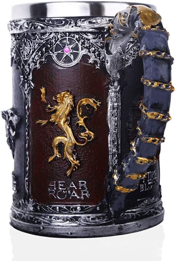 Presentes de cerveja viking, caneca de cerveja, personalizar estilo de cerveja de cerveja de estilo gravado Game of Thrones Caneca, Stark & ​​Tully & Targaryen & Lannister & Baratheon Stainless Aço Resina 3D Cavela de café caneca