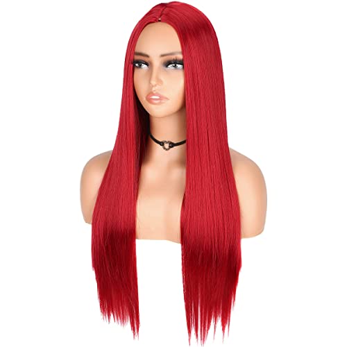 Fancee Red Wigs Long reto cabelos ruivos parte média parte