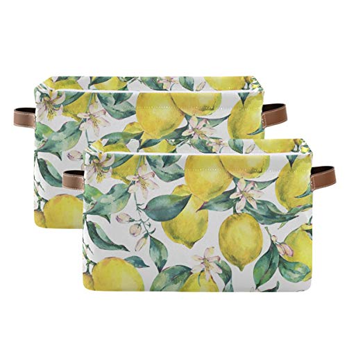 Ramo de caixa de armazenamento retangular de tecido de lona de limão de frutas amarelas frescas com alças - caixa de brinquedos/armazenamento