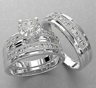 2,25 ct redonda de diamante redonda diamante trio de noivado banda de noivado conjunto de anel 925 prata esterlina 14k anniverso de acabamento de ouro branco combinando combinando lindas promessas anel de prometo para casal