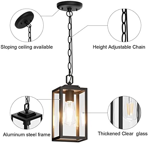 Aoceley moderna luz pendente ao ar livre, luz de lanterna pendurada ao ar livre de 1 luz, alumínio preto fosco com vidro transparente, luminária pendente externa para varanda, quintal, gazebo