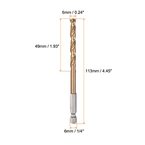 Harfington 1/4 Bit de broca de hastes hexadecimal de 6 mm de broca de titânio conjunto de broca de twist de alta velocidade M35 Bit 113 mm de comprimento totalmente moído para madeira, aço inoxidável, metal, plástico de plástico