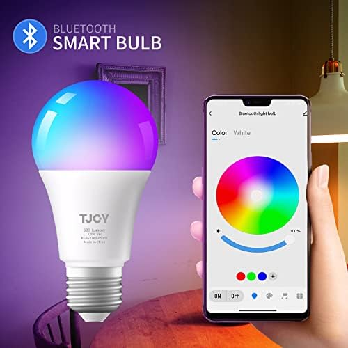 Lâmpada TJoy Bluetooth, lâmpadas inteligentes com controle de aplicativos, lâmpadas de lâmpadas LED de alteração de cor RGB SYNC, lâmpada inteligente de LED para sala, A19 E26 800LM, 2 pacote