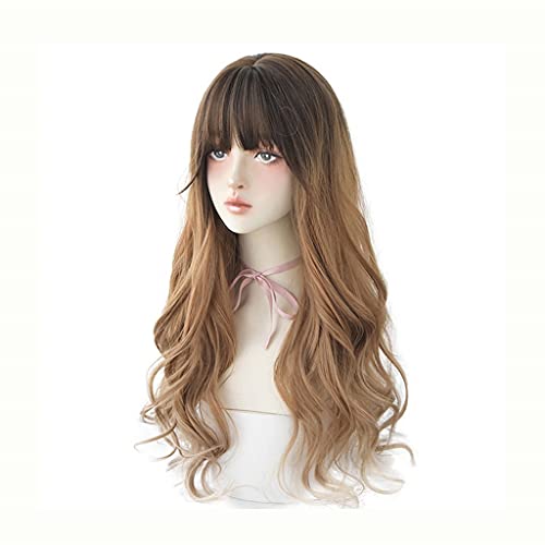 N/A 26 polegadas loira marrom ombre peruca com franjas longas cabelos sintéticos de perucas naturais para mulheres