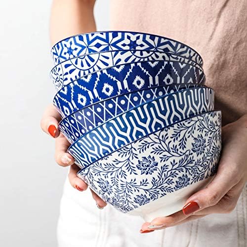 Porcelana azul e branca Selamica Conjunto de tigela de cereais - conjunto de tigelas de sopa de 6, 6 polegadas, tigelas de cerâmica