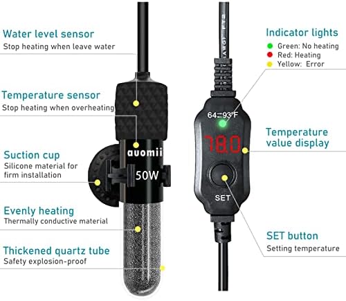 aquecedor de aquário submersível Auomii Mini, 25/50/100/150/200/300 WATTS aquecedor de tanque de peixe ajustável, termômetro interno, controlador de temperatura externa, memória inteligente, usada para 1-60 galões