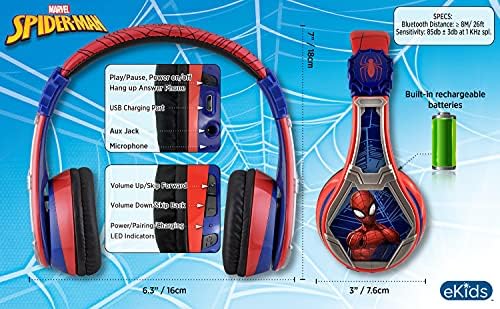 Ekids Spiderman Bluetooth Kids fones de ouvido com microfone, volume reduzido para proteger a audição de bateria recarregável,