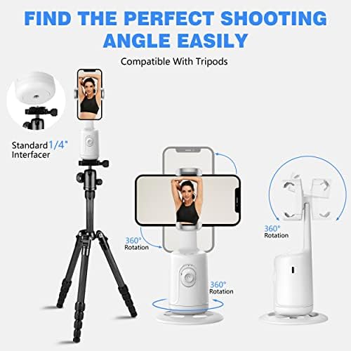 Tripé de rastreamento automático de face, 360 ° Câmera de telefone face do corpo Montante de tiro inteligente Rastreamento de telefone com remoto, sem aplicativo, controle de gestos, suporte inteligente de tiro para vlog, streaming, tiktok -white