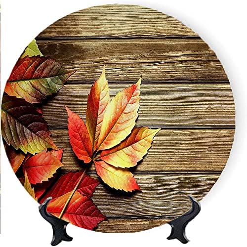 Vbtgve bordo folhas de placas decorativas para mesa, 8 , textura floral floral de outono, placa redonda com suporte para exibição, para decoração de casa de cozinha, Natal, festa, festa,