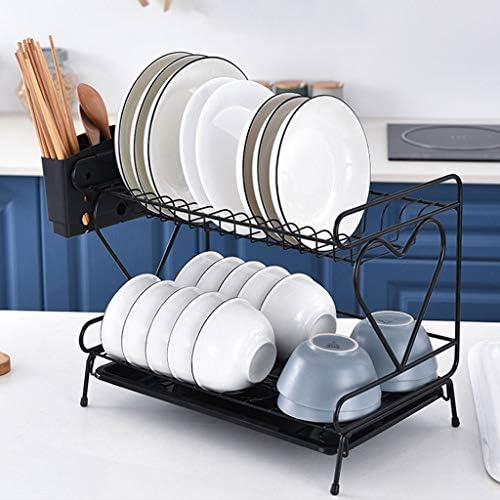 Rack de prato de metal sdgh - rack de secagem de prato preto, rack de armazenamento de cozinha multifuncional de 2 camadas organizador