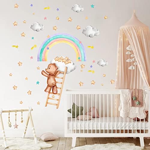 Supzona grande arco -íris urso adesivos de parede de desenho animado Urso escalando uma escada Decalques de parede Clouds estrelas adesivo de arte de parede para crianças