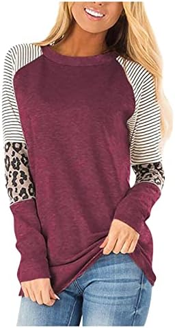 Nokmopo feminino na primavera e no outono de moda leopardo listra redonda pescoço de manga comprida t-shirt top slim