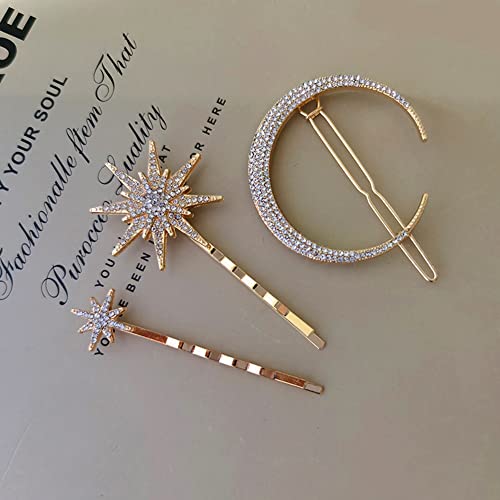 3 PCs estrelas clipes de cabelos da lua Metal Rhinestone Hair Pin para casamento Cabelo de panela de casamento Acessórios para mulheres para mulheres penteado grosso Acessórios delicados