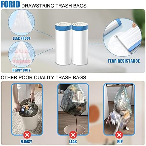 Forid Mini Sacos de lixo de cordão - 2 galões de banheiro pequenos sacos de lixo de lixo de plástico branco latas de latas de