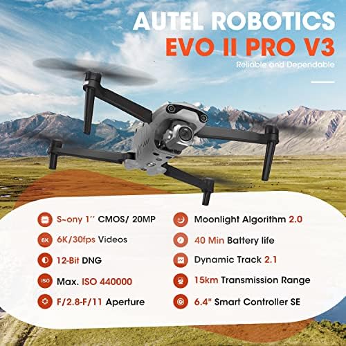 [3 baterias] Autel Robotics Evo II Pro V3 Robuste, EVO 2 Pro V3 Fly More Combo, Son-Y 1 Sensor CMOS e Vídeo HDR de 6k, Algoritmo Moonlight 2.0, máx. ISO 44000,12 bits DNG, F/2.8 -F/11 Aperture, 6,4 Smart Controller SE, 40 min de tempo de mosca, transmissão de imagem de 15 km, prevenção de obst?