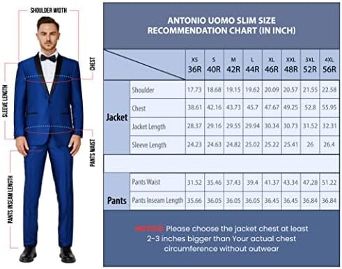 Antonio Uomo Men's Suits Slim Fit - Terno de 3 peças Blazer, com jaqueta, colete e calças de 2 botões