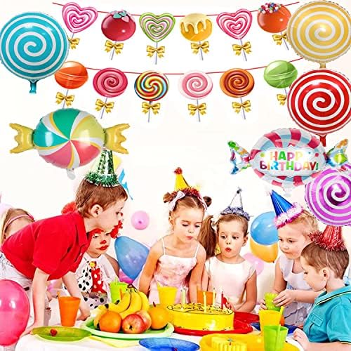 Decorações de festa de doces de Natal, decorações de festa de doces e faixas de pirulito, balões de doces, inserções de bolo de