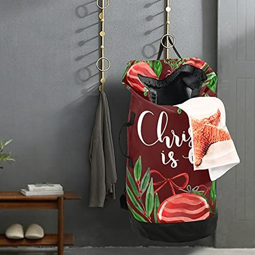 Feliz Natal Red Saco de lavanderia pesada Mochila de lavanderia com tiras de ombro e alças Bolsa de roupa de viagem com