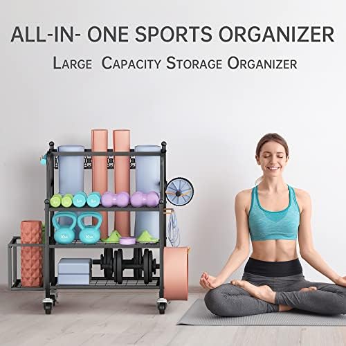 Y&M Yoga Mat Storage Racks, rack de armazenamento de ginástica em casa para organizar o rolo de espuma de Kettlebells Dumbbells, organizador de armazenamento de equipamentos de exercícios all-in-one com ganchos e rodas, cinta de ioga e banda de resistência