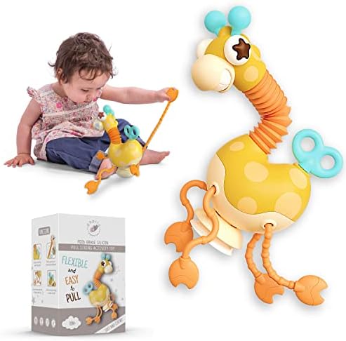 DAPSIQ Giraffe Montessori Baby Pull String Toy por 18m +, brinquedo de tração de motor fino para habilidades e estimulação tátil, brinquedos de atividade multifuncional, brinquedos de viagem de avião para 1 ano de idade +