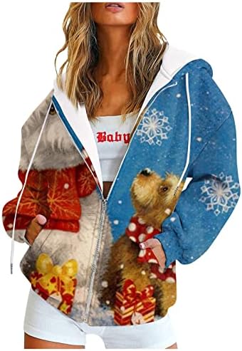 Casacos de inverno para mulheres nokmopo para mulheres estampas de Natal zíper de manga comprida com capuz com capuz com