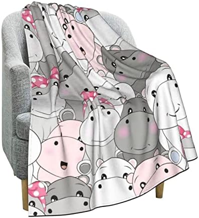 Cobertor de hipopótamo para sofá sofá de cama, hipopótamo cinza rosa kawaii com bolinhas de arco -arco cobertor, macio macio macio