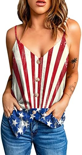 Pmmqrrkuu feminina bandeira americana tanques impressos tampas floral v blusa de pescoço botão dianteira camisa casual casual