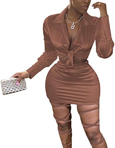 LUFENG WOMENS CETINO SEXY TIZ AUTO FRONTO DE MANAGEM LONGA RECUPOS DE 2 peças Top de colheita e Mini Bodycon Skirt Conjunto