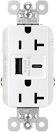 Pass & Seymour TR20USBAC6W 20A Híbrido Tipo-C Ultra-Fast 6.0A Carregador USB duplo de parede e saída de energia duplex resistente a adulteração, branco | Para aplicações comerciais, AC