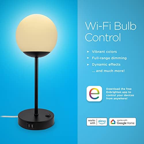 Lâmpada de mesa com Wi-Fi Bulbo inteligente, luz moderna, alcance completo, resumível e vibrante cores RBG, portas de carregamento USB duplo, ideais para quarto, escritório em casa, sala de estar, preto fosco, 703331