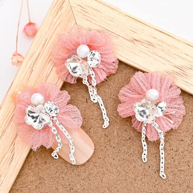 5pcs 3d Flor de renda strassina charme de charme de pingente com borlas de cadeia com diamante de diamante Pearl Floralnail Art