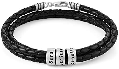 Myka - homens personalizados tranças Black Bracelet com pequenas contas personalizadas cera ou couro em prata esterlina - presente