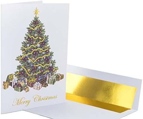 Cartões de Natal premium - 20 pacote - árvore de natal tradicional com papel alumínio e textura de linho em relevo - 20 cartões
