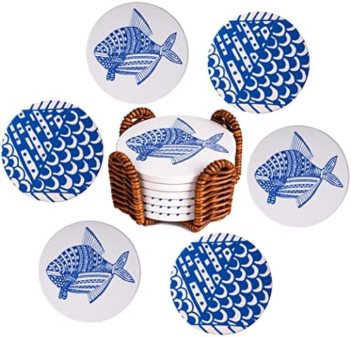 Coasters para bebidas, montanhas -russas absorventes Conjunto de 6, peixes azuis e escamas Drinques de cerâmica com suporte, montanhas -russas para o escritório da mesa, montanha -russa engraçada para canecas, xícaras, copos, 4 polegadas