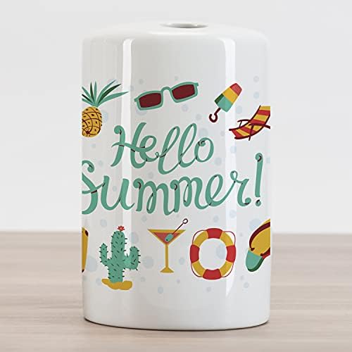 Ambesonne Hello Summer Ceramic Toothbrush Solder, Objetos de verão Cacto de abacaxi de melancia estrela com uma redação colorida, bancada versátil decorativa para banheiro, 4,5 x 2,7, multicolor
