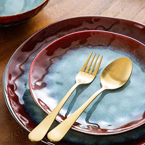 Lkyboa Dinner Set Look vintage Cerâmica Red de 12 peças de mesa de mesa conjunto com prato de jantar, prato de sobremesa,