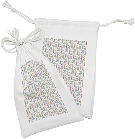 Conjunto de bolsas de tecido de desenho animado de Ambesonne de 2, brecha de cogumelos de pássaros de hedgehog insetos besouros de brejas, pequenos saco de cordas para máscaras e favores de produtos higiênicos, 9 x 6, multicolor