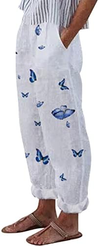 Calça de linho de algodão feminina Long Plus Size Butterfly Imprimir calças retas Cantura elástica calça de moletom leve com