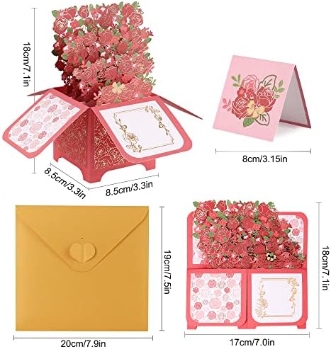 Cartão pop -up de flores de giiffu, rosa vermelha, 3d Paper Flowers Bouquet Cartões com cartão de nota e envelope para o dia
