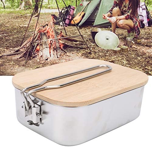 Caixa de bento de aço inoxidável, caixa de armazenamento de almoço de aço inoxidável portátil com tampa de bambu em