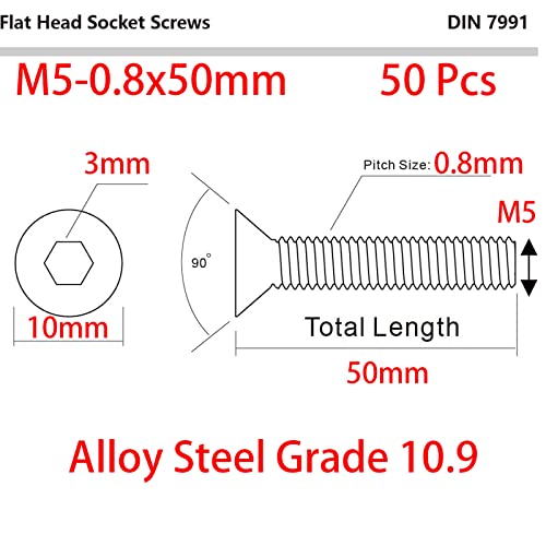M5-0,8 x 50mm parafusos de tampa de cabeça plana, aço de liga de aço 10.9, DIN 7991, óxido preto, unidade hexadecimal allen, unidade